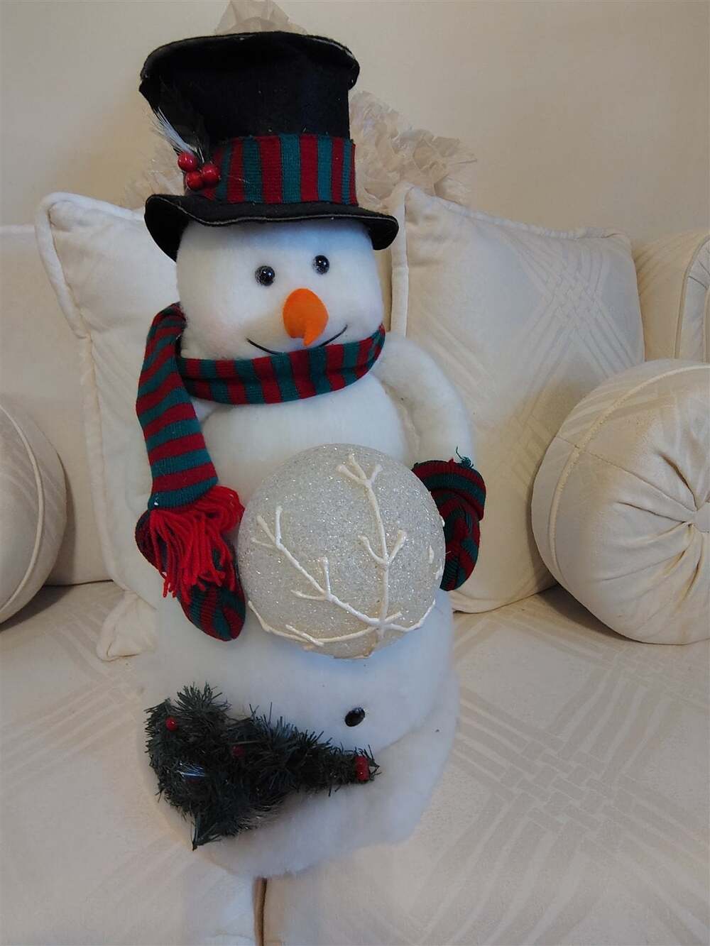 Plush Snowman with Top Hat Plaid Scarf Holding Snowball Christmas Decor